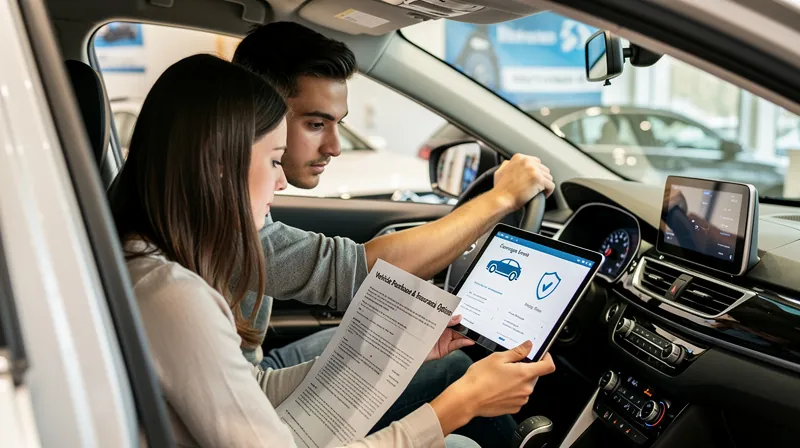 A couple sitting in a new car looking at a tablet and contract.