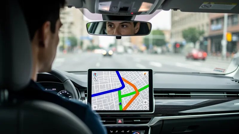 Driver looking at a GPS navigation screen in a car.