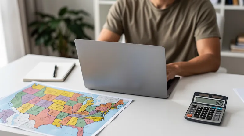 Person working with laptop and map at desk