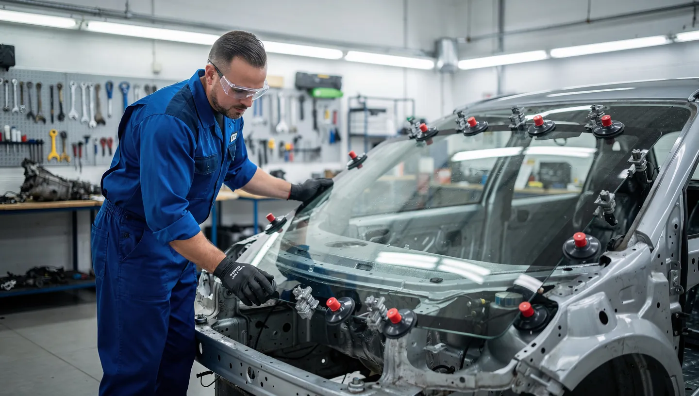 Auto mechanic installing a windshield in a car frame.