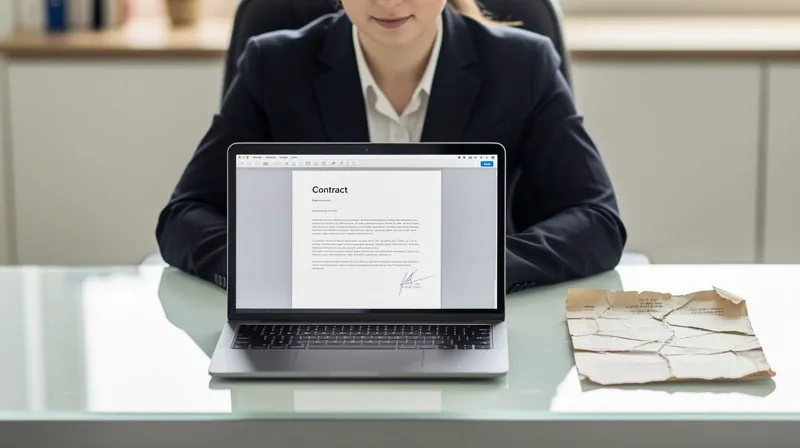 A person reviewing a new car insurance contract on a laptop while an old paper document sits nearby.