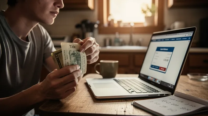 Person holding cash and a car title at a kitchen table with a laptop.