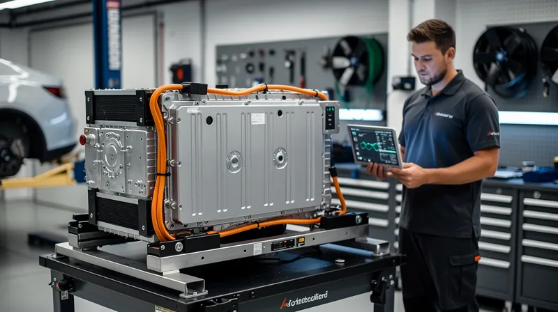A mechanic using a tablet near a vehicle battery pack on a lift.