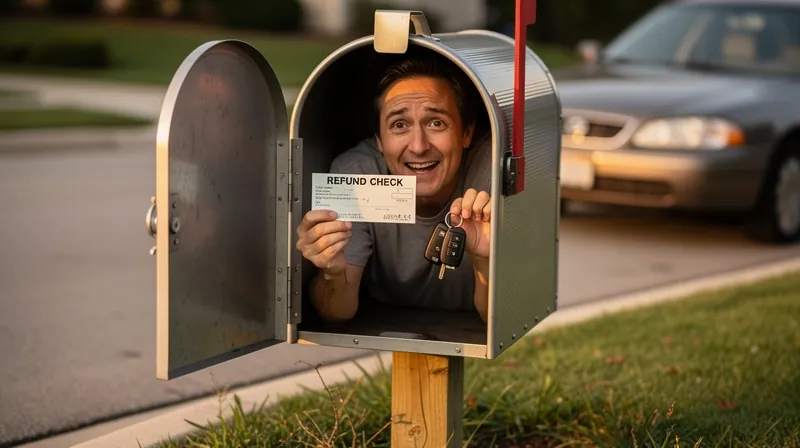A person standing at a mailbox holding a refund check and car keys.