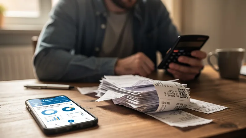 Person reviewing receipts and calculator for insurance claims.