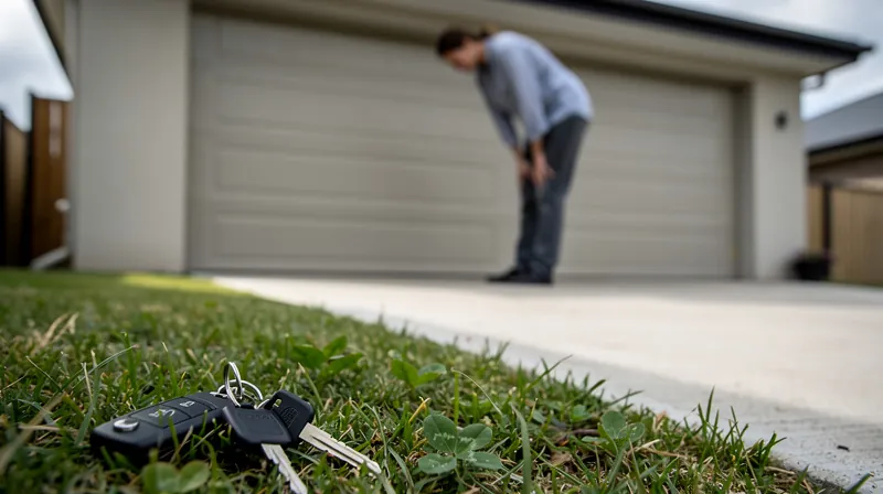 Person standing outside a garage looking at keys on the ground.
