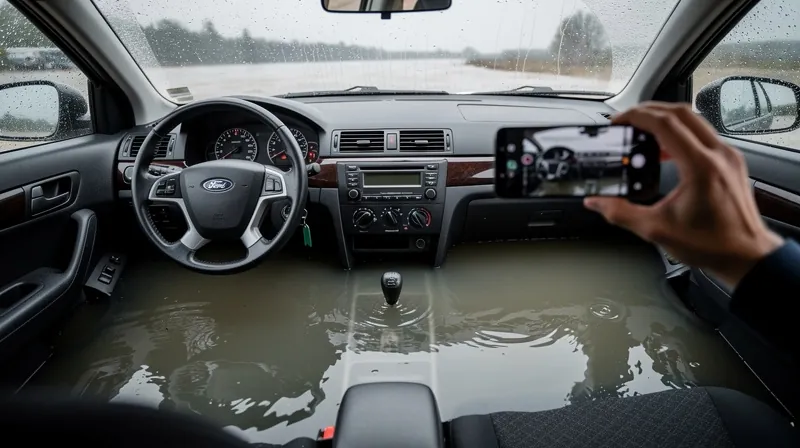 Person taking photos of water damage inside a flooded car.