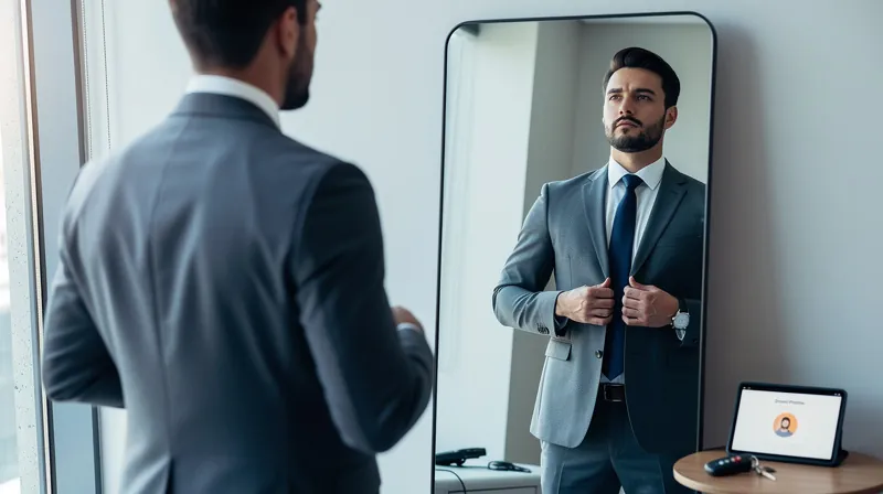 Person adjusting a tie in front of a mirror.