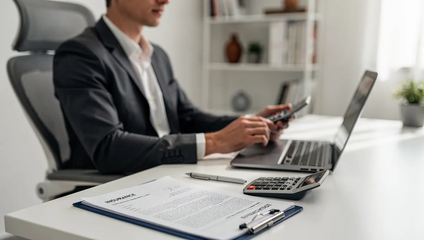 Professional reviewing insurance documents and a calculator at a desk.