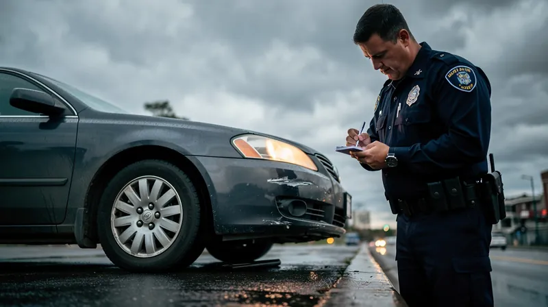 A police officer writing a citation next to a damaged car.