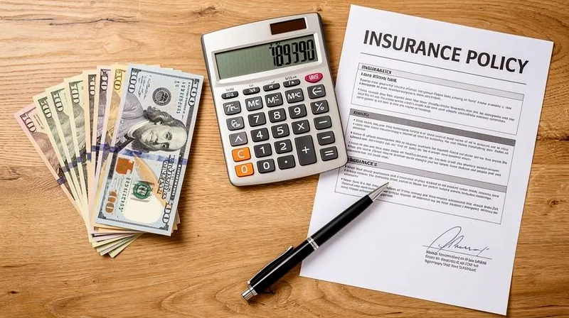 Calculator, cash, and insurance documents on a table.