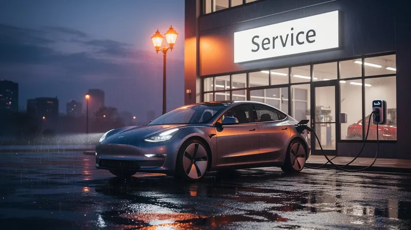 Electric vehicle parked outside a repair shop at dusk.