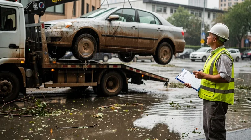 A tow truck lifting a flooded car onto a flatbed.