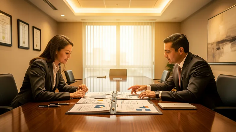 An insurance agent and a policyholder sitting at a conference table reviewing documents.