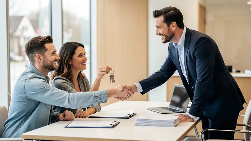 Banker handing keys to a couple at a closing table
