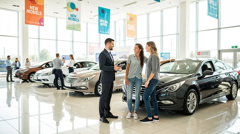A couple looking at a salesperson in a car dealership showroom.