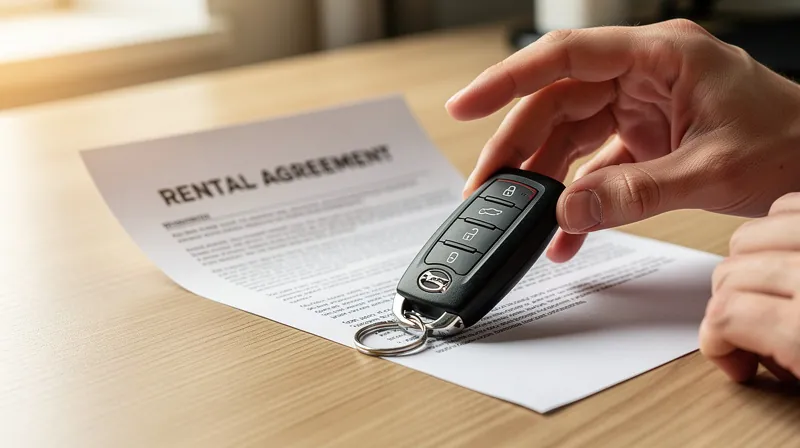 A car key fob resting on a wooden desk next to a printed rental agreement.