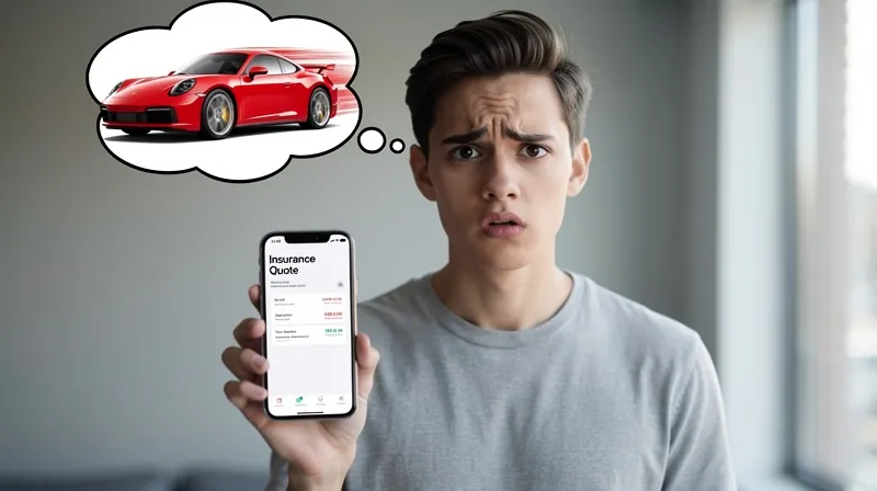A young person holding a phone with an insurance quote while thinking about a red sports car.