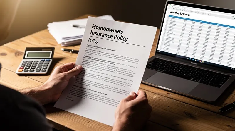 A homeowner reviewing a homeowners insurance policy document on a desk with financial tools nearby.