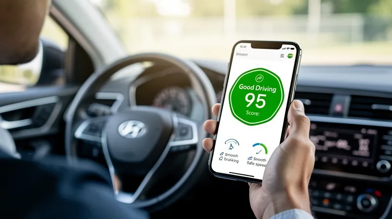 A person holding a smartphone showing a 'Good Driving' score.