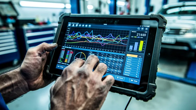 Hands of a mechanic using a ruggedized tablet displaying data charts in a car workshop.