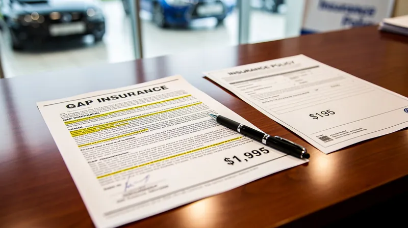 A close-up of a dealership finance office desk with a high-priced gap insurance document.