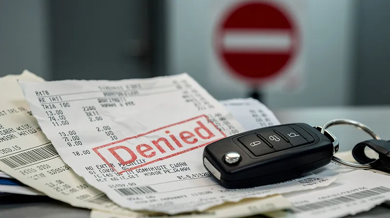 A pile of car repair receipts and a 'Denied' stamp.