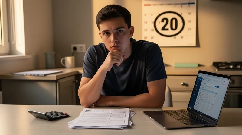 Person reviewing loan documents and a calculator at a kitchen table.