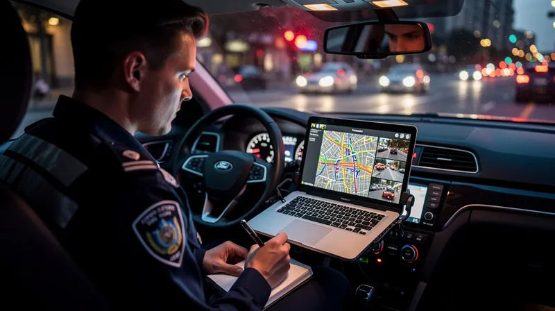 Police officer reviewing traffic camera footage on a laptop.