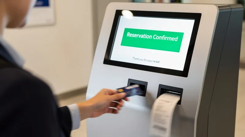 A person swiping a credit card at a rental car kiosk.