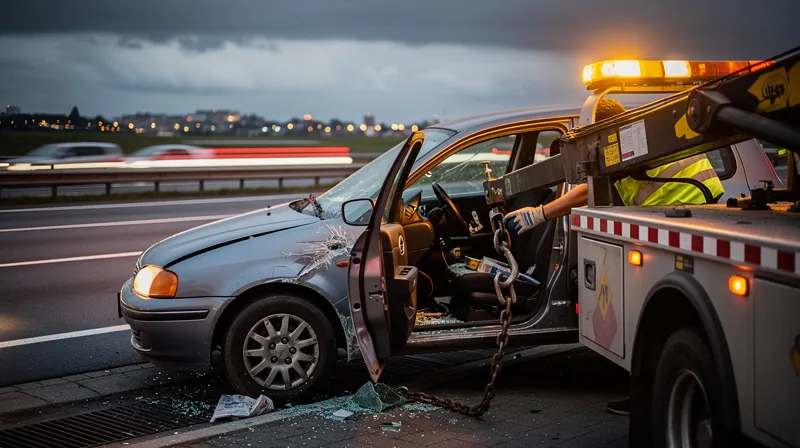 A tow truck hooking onto a damaged vehicle on a highway.