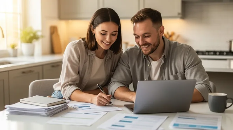 Couple reviewing documents at a kitchen table