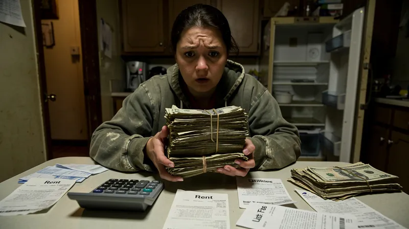 A person holding a stack of cash and a calculator, looking worried.