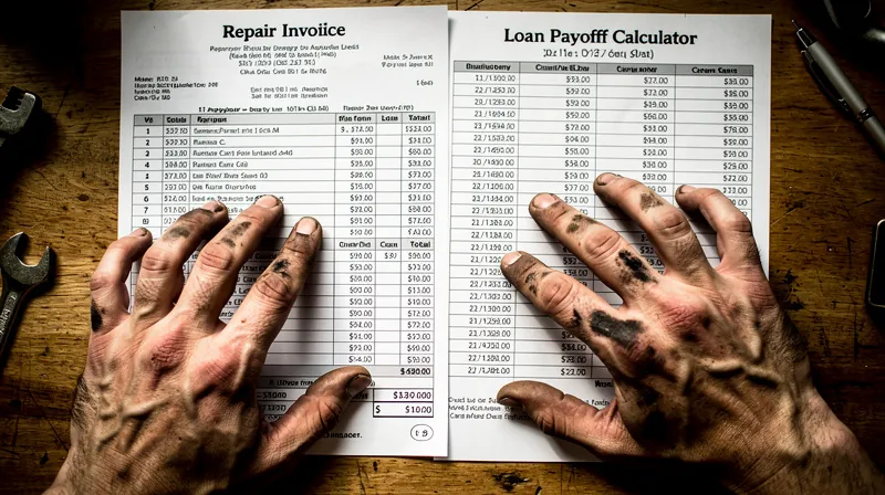 Mechanic's hands pointing at a car repair invoice and calculator on a desk.