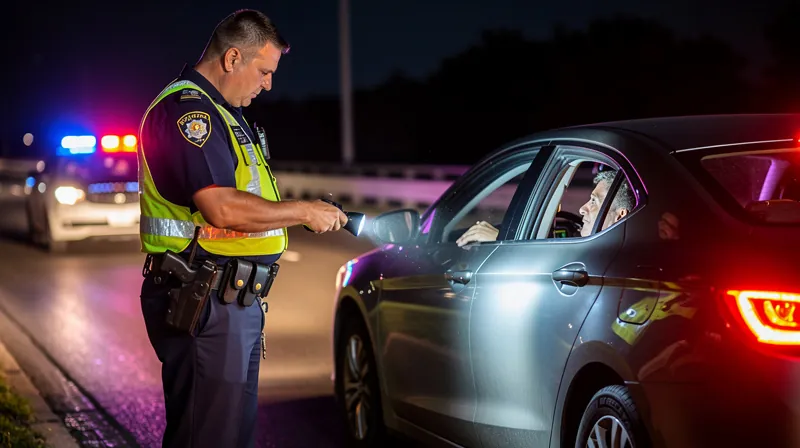 A police officer standing by a car with a flashlight looking at a driver.
