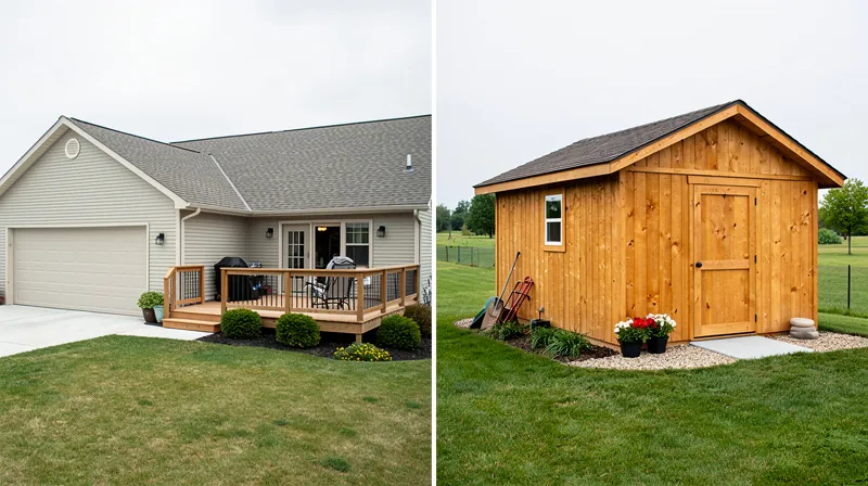 House with attached garage and separate detached shed in the yard.