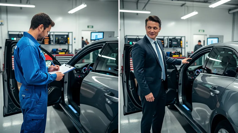 A split composition showing a mechanic reviewing a dashboard on the left and a relieved person checking a dashboard on the right.