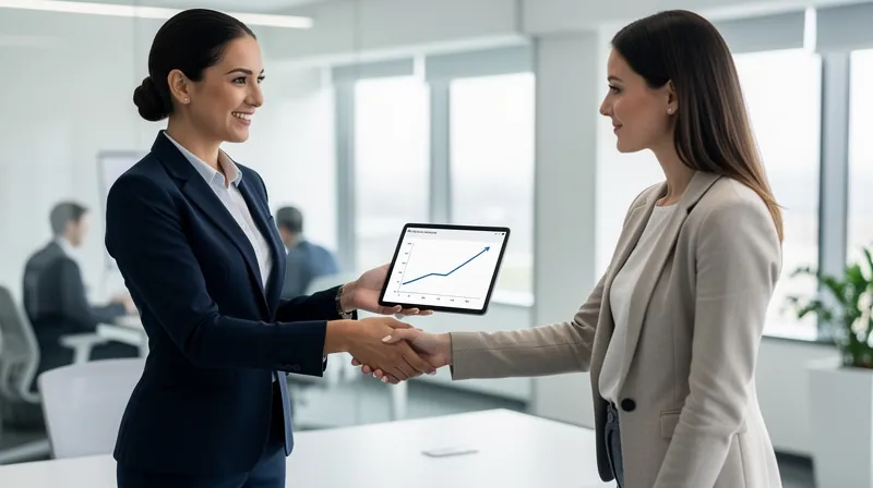Insurance agent and client discussing a contract in an office.