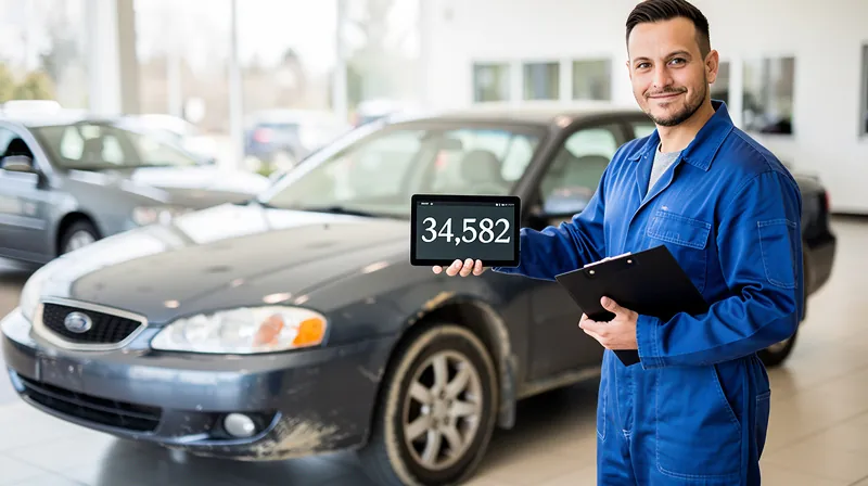 Mechanic checking odometer on a used car.