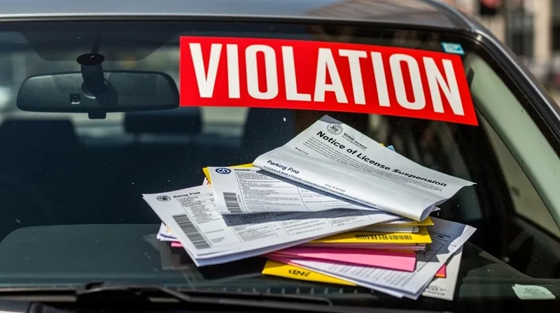 Car dashboard with a violation sticker and license suspension notice.