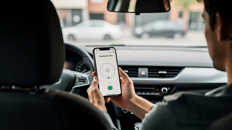 A person in a rental car looking at a ride-share app on their phone.