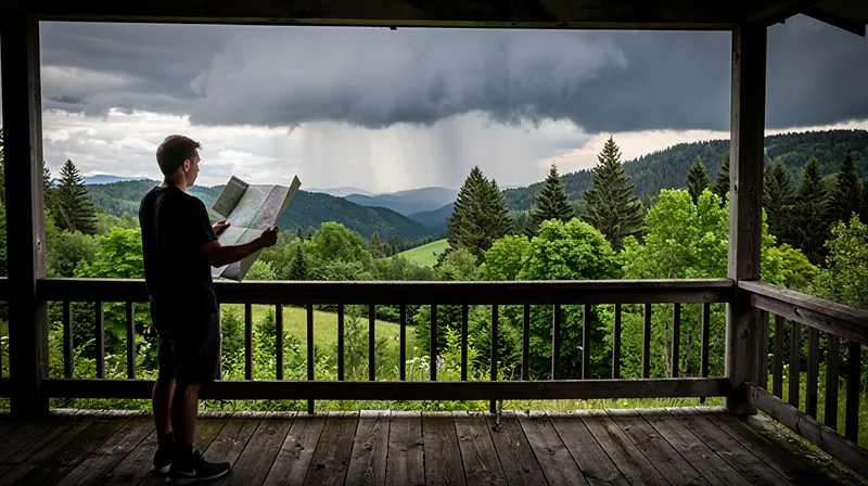 Person looking at a map on a porch with storm clouds in the distance