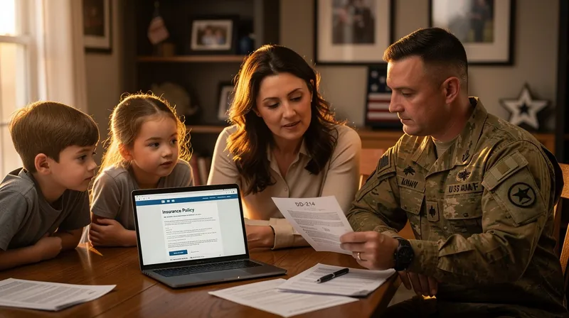 A military family reviewing insurance documents and a DD-214 form at a dining room table.