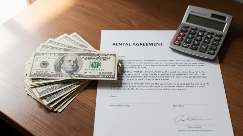 Stack of dollar bills and a rental contract on a desk.