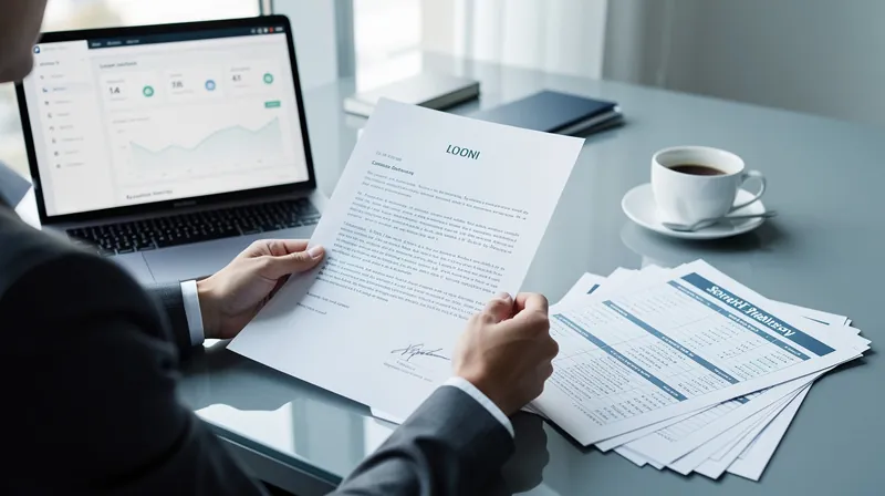 Person reviewing a loan contract and laptop at a desk.
