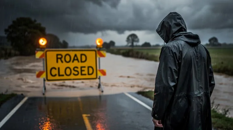 Person looking at a road closed barrier due to high water.