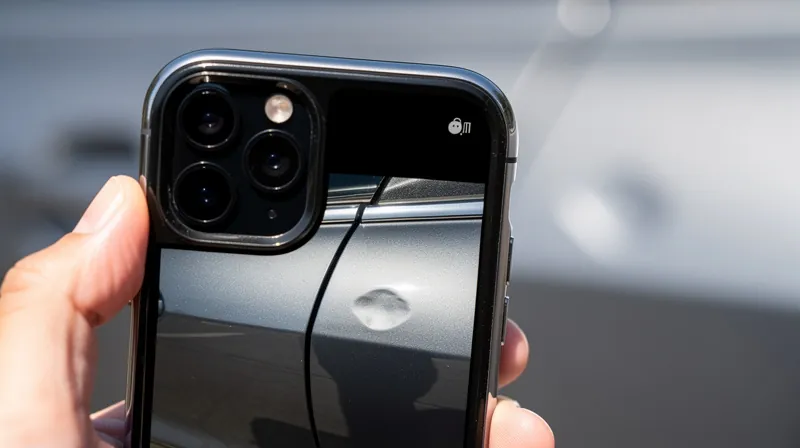 Person taking a photo of hail damage on a car door.