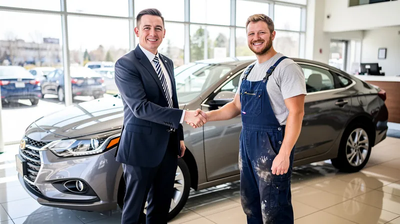 Two people shaking hands at a car dealership.