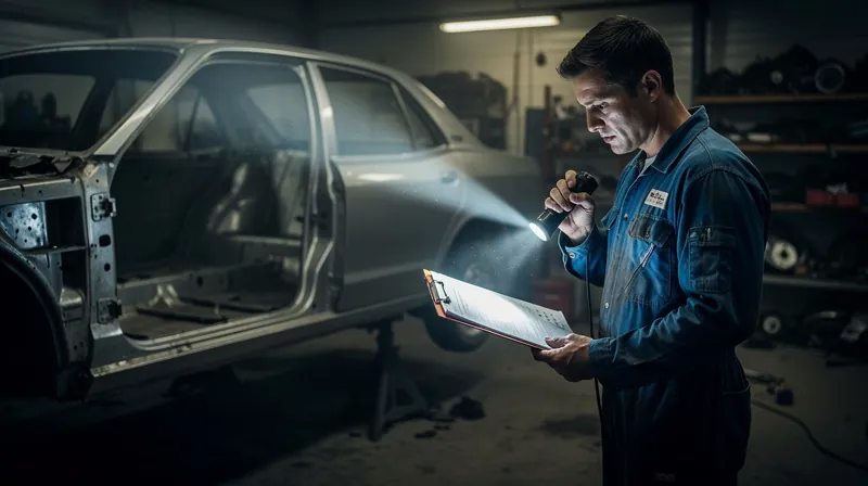 Mechanic inspecting car frame in a dark garage with flashlight