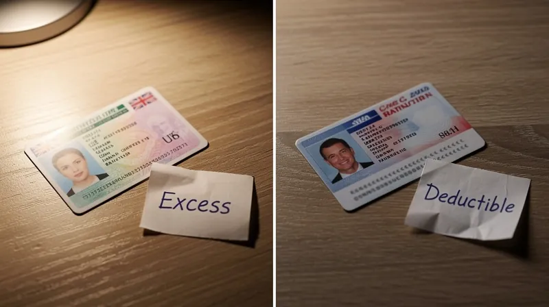 Comparison of UK excess and US deductible on a desk.